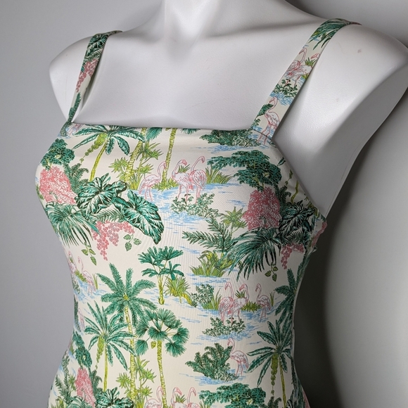 Vineyard Vines Green Pink Tropical Flamingo Square Neck One Piece Swimsuit S - Picture 2 of 9